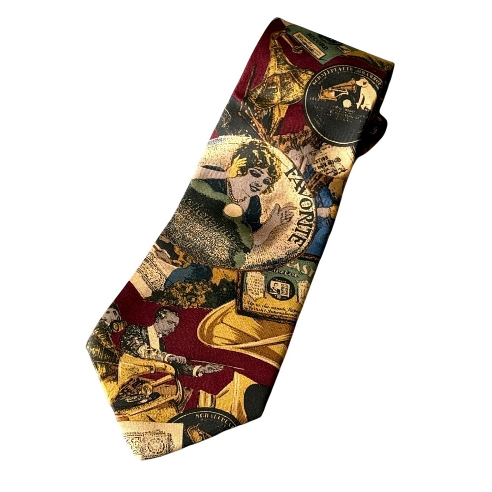 Halston III Mens Silk Tie Vintage Gramophone Record Music Novelty Print Burgundy